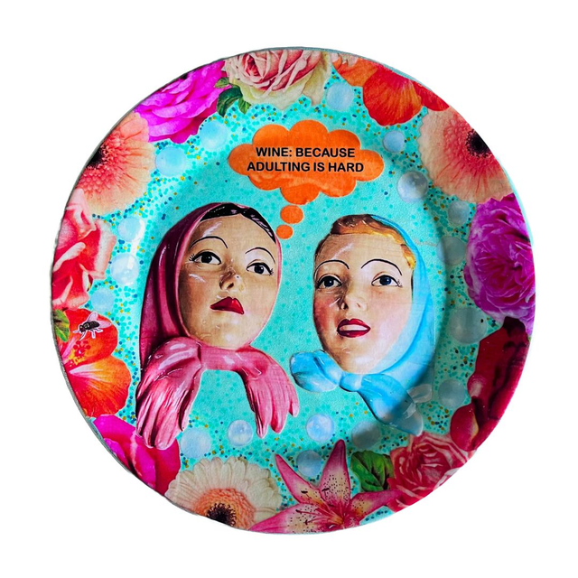 &quot;Wine: Because Adulting Is Hard&quot; Turquoise Upcycled Wall Plate - House of Frisson