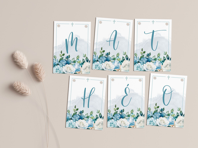 Banderole Baptême Fleurs & Blush bleu