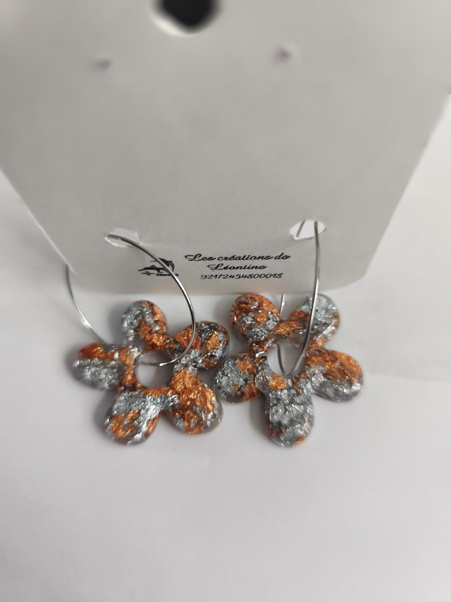 Créoles fleurs feuilles bronze argent 