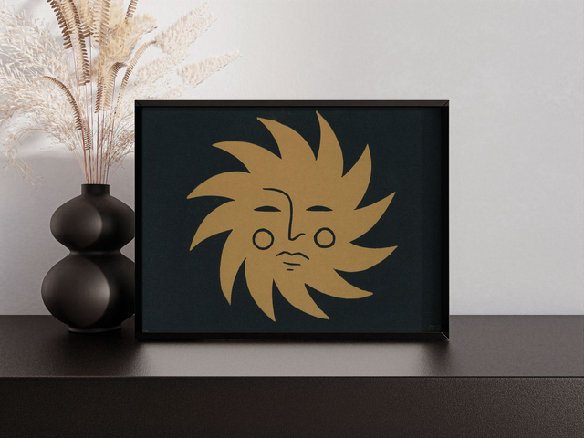 Linogravure “Soleil” – Impression artisanale A5 encre dorée sur papier noir