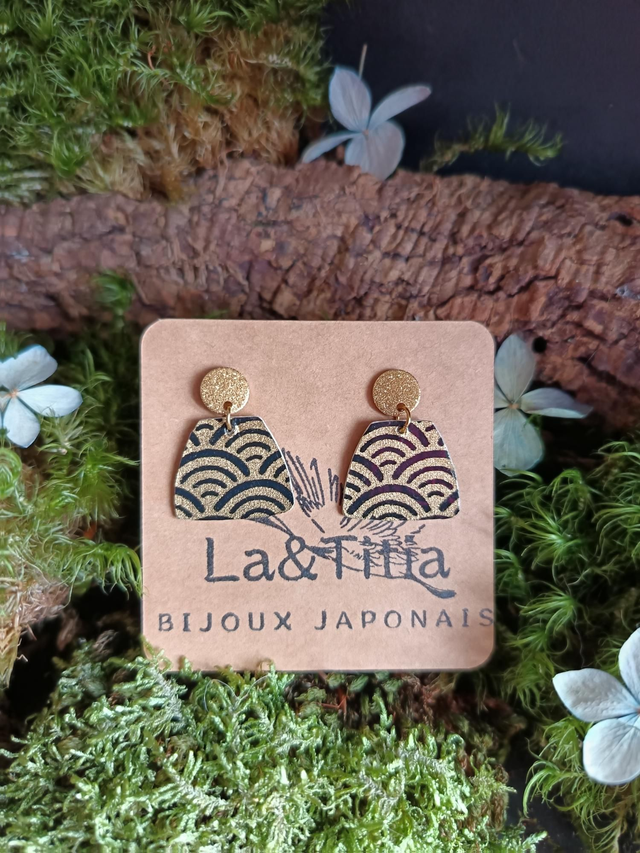 Boucles d'oreilles - puces - papier washi - vague - Seigaiha - La&Titia 