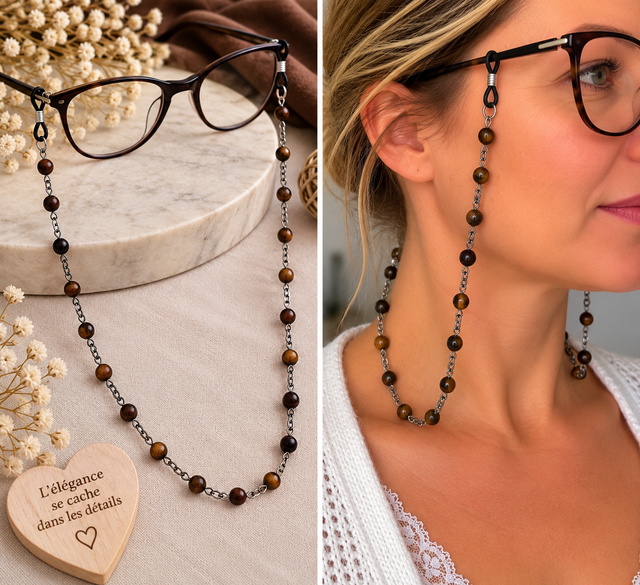 Chaîne de lunettes en acier inoxydable et pierres naturelles