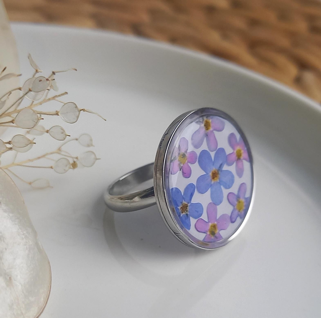 Bague argentée ◦ Fleurs de Myosotis