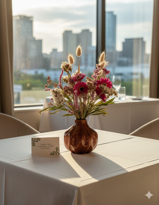 Local dried flower arrangement in rusty brown glazed vase