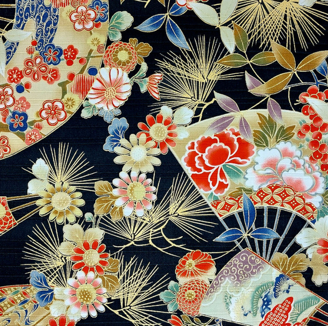 Tissu Japonais Texturé Motifs Eventails et Fleurs