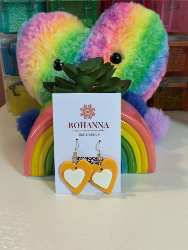 Handmade polymer clay earrings - yellow double heart 