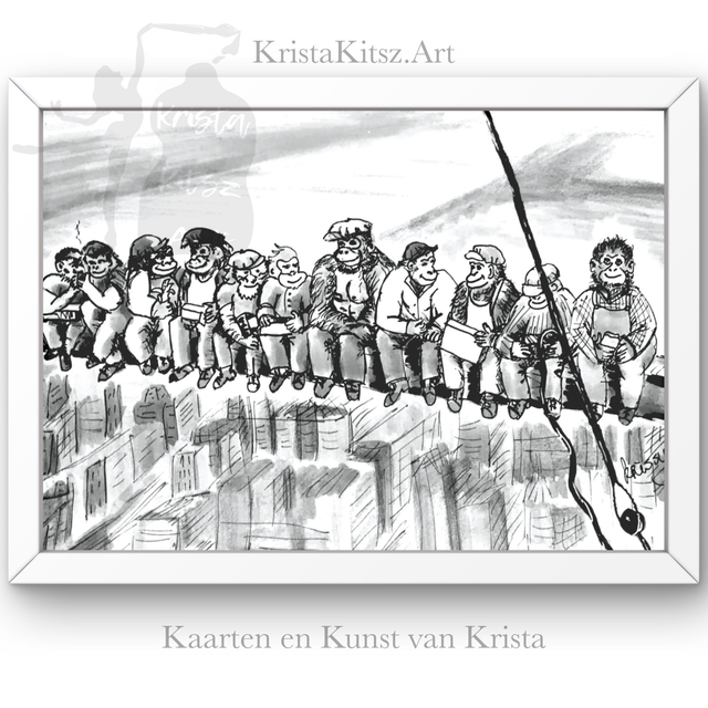 Apen Lunch Wolkenkrabber NY, grappige kleine poster print op fine art papier a5 of a4