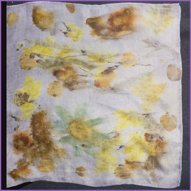 100% Silk Pocket Square - eco-printed with eucalyptus, bidens, pelargonium and wild grasses, dyed with oak gall and iron