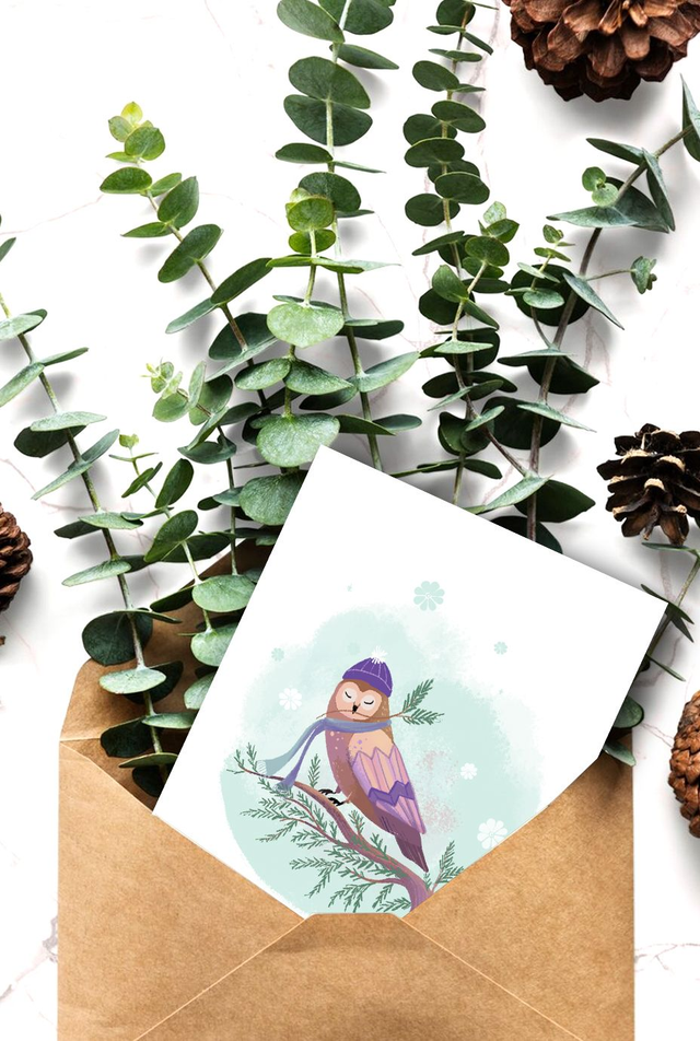 Carte de Voeux "La petite chouette" avec enveloppe dorée