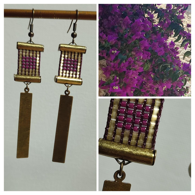 Boucles d&#039;oreilles tissées main fushia et bronze perles de verre miyuki sur fil de lin,, laiton bronze, pièce unique 