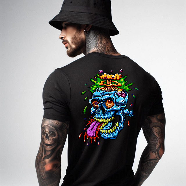 Unique Skull Volcano Brain Black Soft Spun Patterned T-Shirt