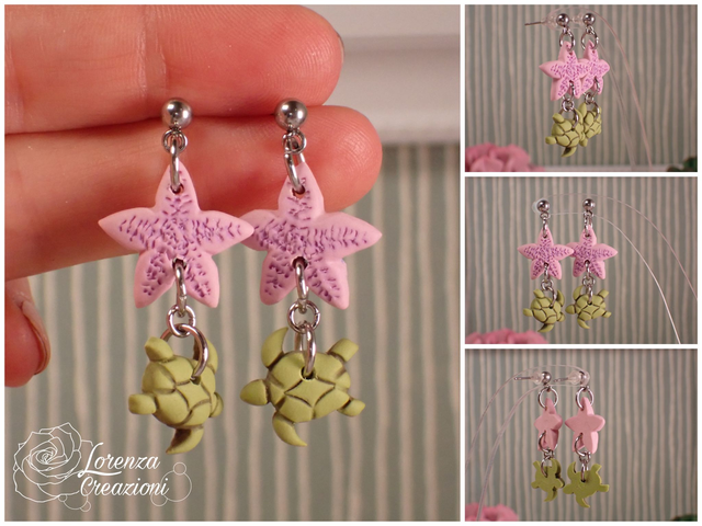 Orecchini a tema marino con tartarughe e stelle marine, rosa e beige