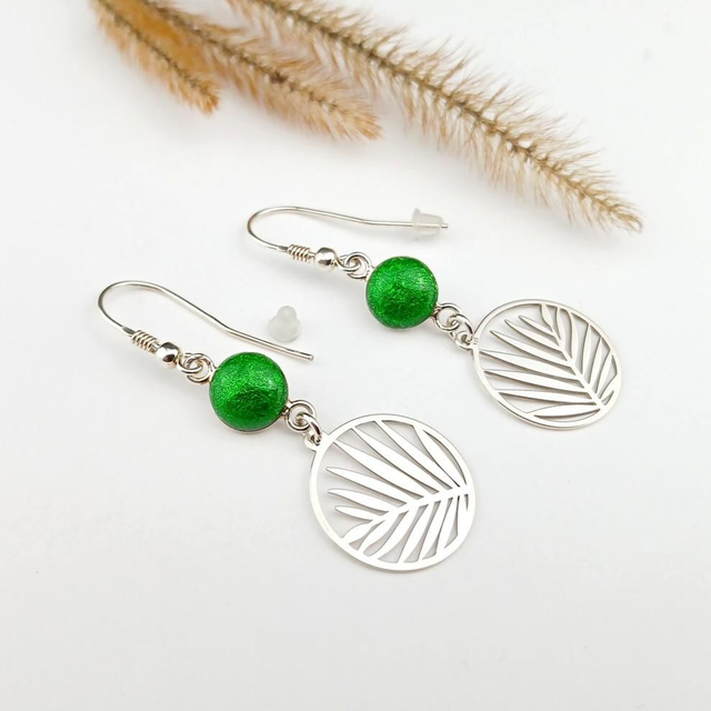 "Feuilles de Palmier", Boucles d'oreilles en émail sur feuilles d'argent 