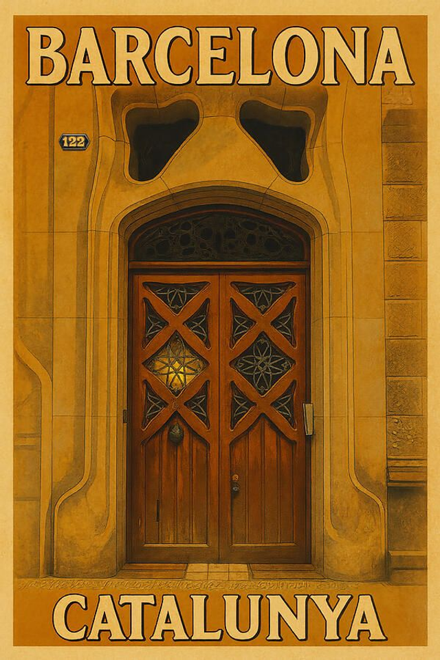 Póster de Viaje Vintage de Barcelona Catalunya Puerta Art Nouveau