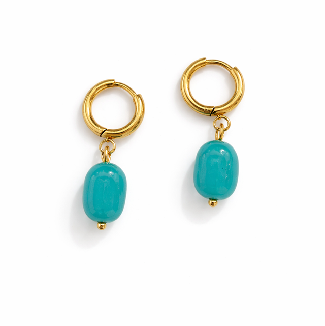 Argollas mini acero dorado piedra turquesa 