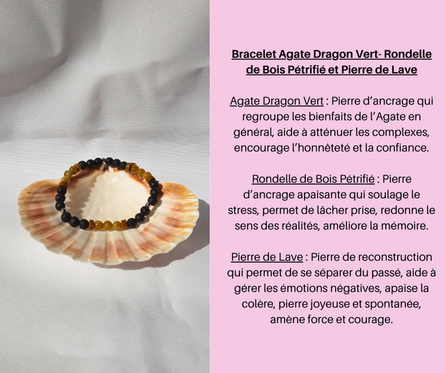 97- Bracelet Agate Dragon vert, Bois pétrifié et Pierre de Lave
