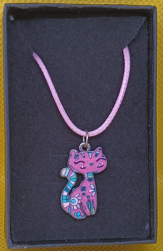 Enamel Pink Cat Pendant Necklace.
