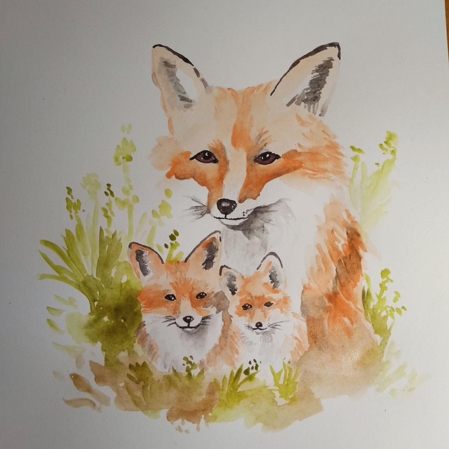 Aquarelle originale maman renard et ses renardeaux 