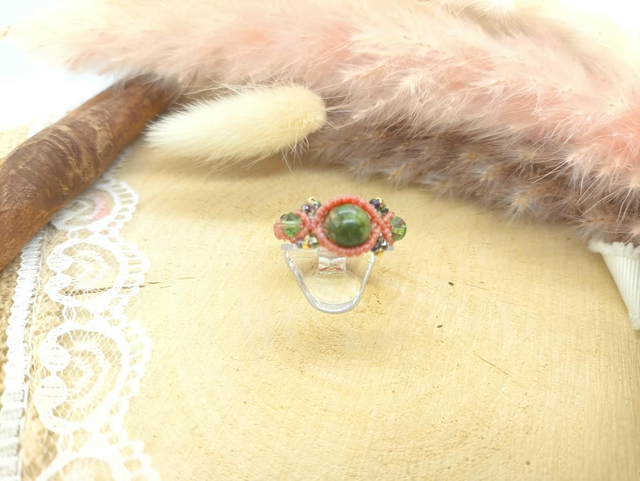 Bague orange corail unakite avec cristal Swarovski et perles miyuki 