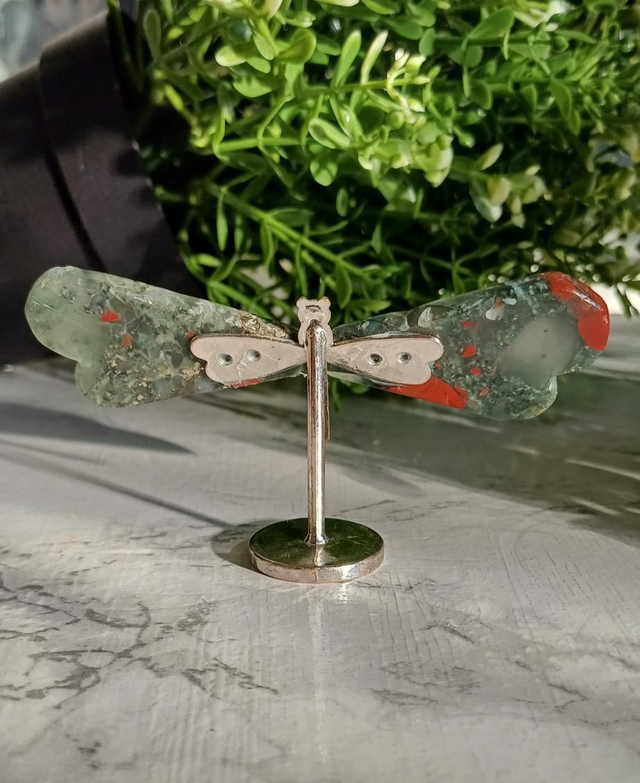 African Bloodstone Dragonfly on Silver Standp