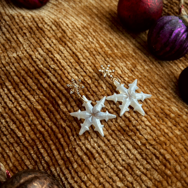 Snowflake Earrings Statement - Gold and White