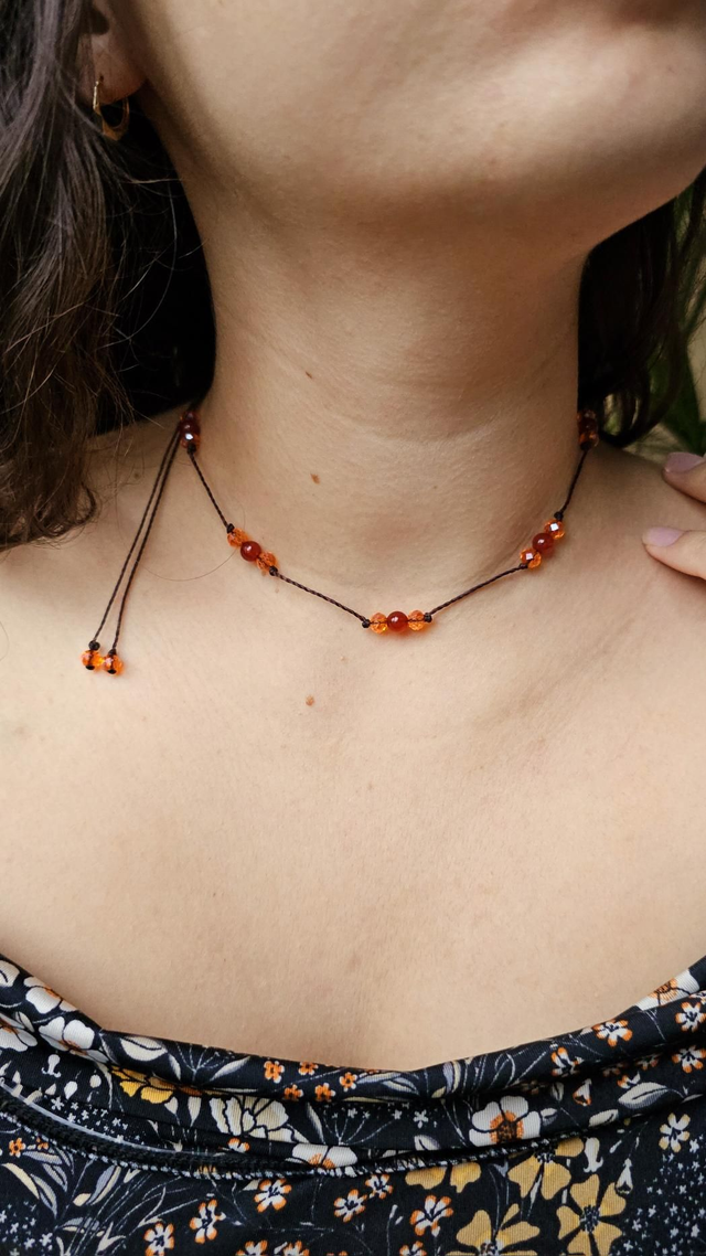 Collier de perles réglable - Cornaline et perles de verre