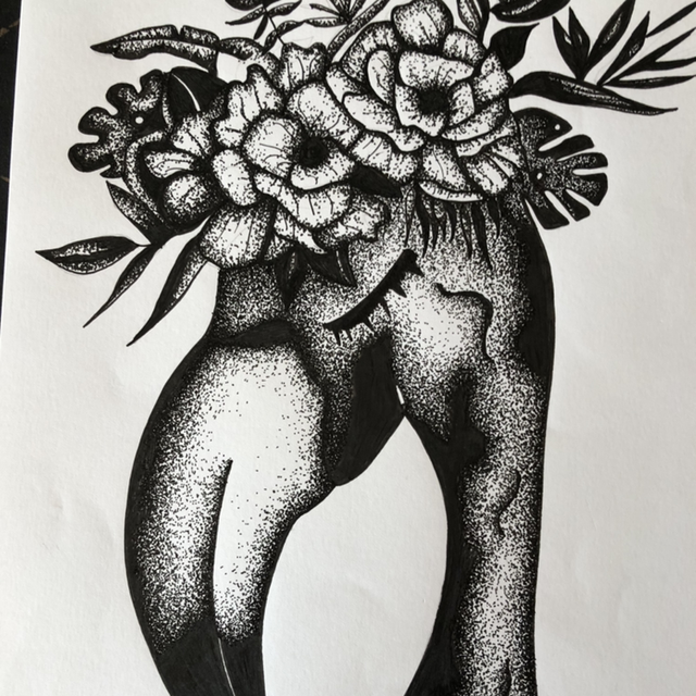 Flamant rose - tete couronne fleurs - 21 x 30 cm - encadrement 