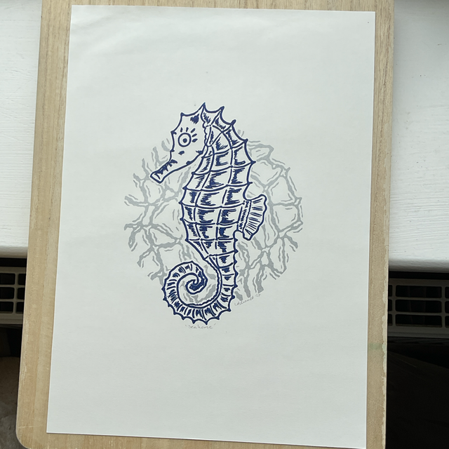 Seahorse 2 block Lino print