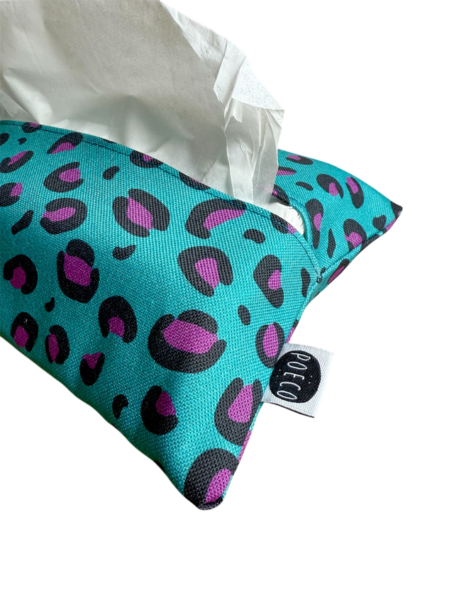 Pochette mouchoirs - LEOPARD ( turquoise - prune) 