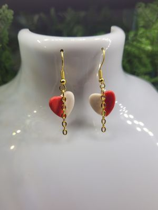 Drop earrings - half and half red and white hearts