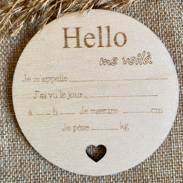 Carte de bienvenue de naissance en bois à remplir - Carte bébé bois modèle Hello
