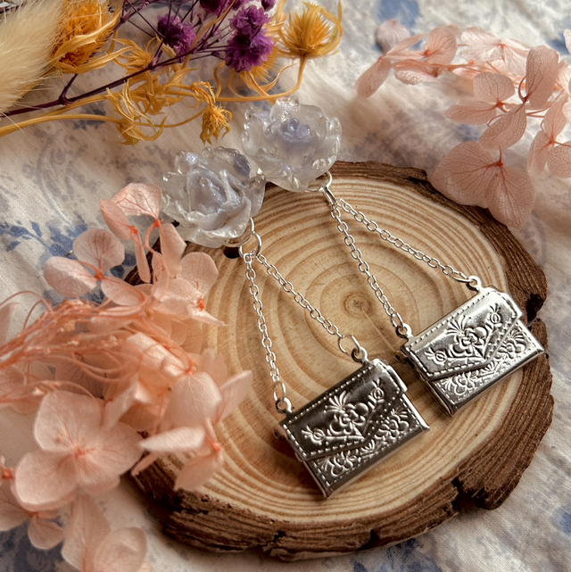 Dew Drop Roses and Love Letter Earrings - Lavender &amp; Silver - Valentine’s Day Collection
