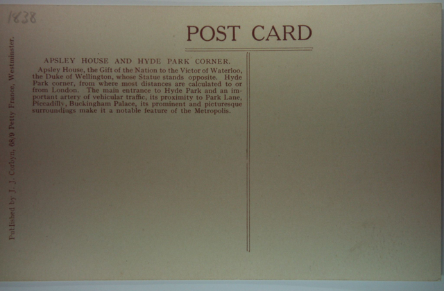 London Apsley House, Hyde Park Corner, London. J.J. Corbyn Vintage Postcard - Our Ref A211