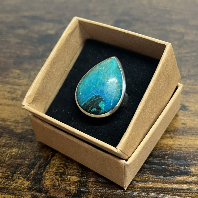 Bague en argent et Chrysocolle à Malachite - Taille 56 réglable