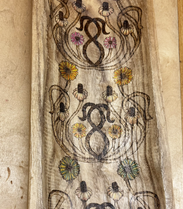 Long pyrography and colour, trough, bowl, in a 70’s style pattern