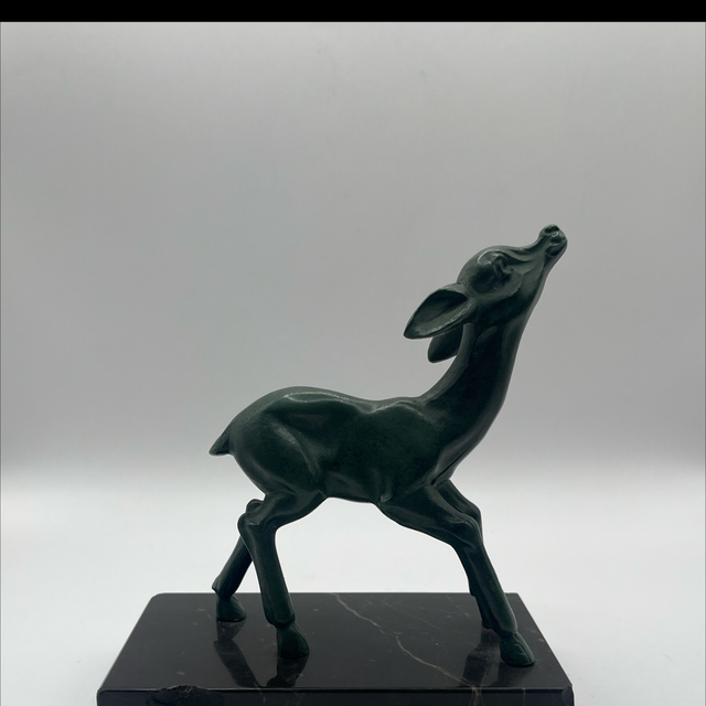 Vintage Bronze Fawn Figure on Marble Base – Green Patina – 13.5cm 