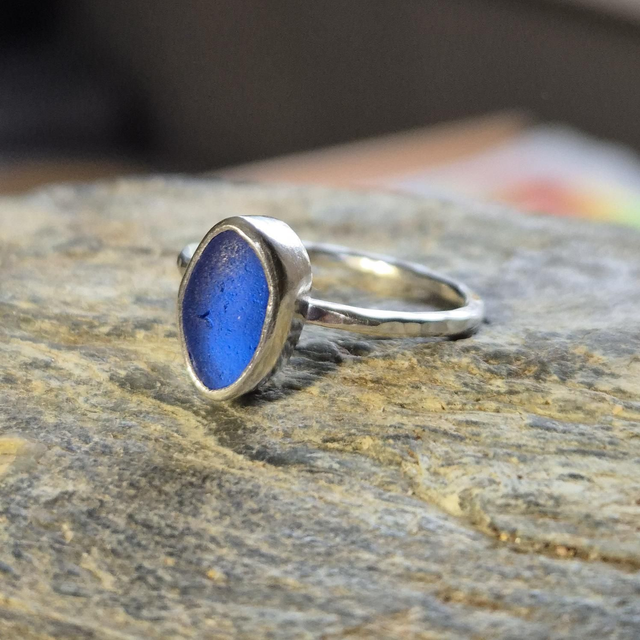Size M Cobalt Blue Sea Glass and Sterling Silver Ring 