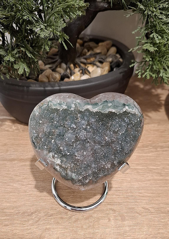 Green Rainbow amethyst druzy heart with stand