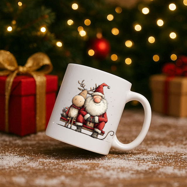 Vintage Santa &amp; Reindeer 11oz Ceramic Printed Mug Design 10
