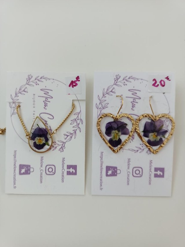 Parure - Bracelet & boucles d'oreilles - Pensées - Violet