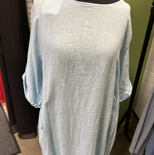 Baby Blue Linen Dress with 3/4 Sleeves and Pockets - Free Size - 155