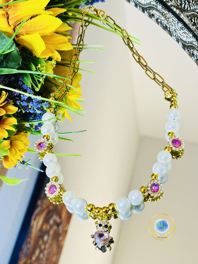 Handgemaakte Ketting met Glazen Parelkralen & Roze Kristallen | MJ Creations 