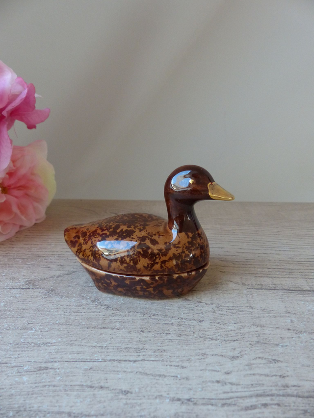 Petite Boite en Forme de Canard Marron et Doré Céramique Michel Caugant, Boite à Bijoux Canard, Vide Poche Canard, Décoration Canard Vintage