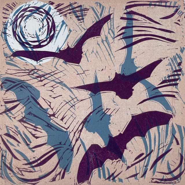 Pipistrelles, limited edition linocut print