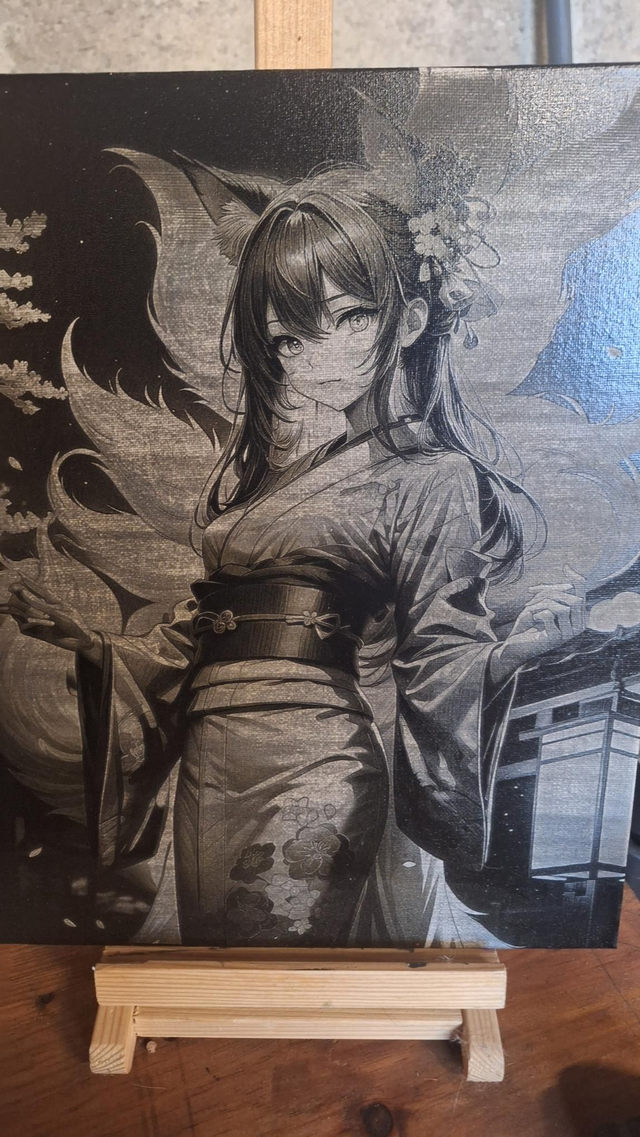 Kitsune Spirit – Gravure laser sur toile noire artisanale