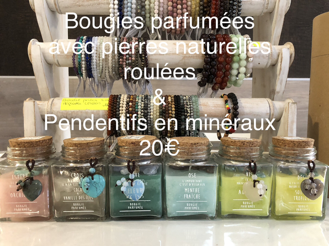 Bougies parfumées au choix minéraux &amp; pendentifs 