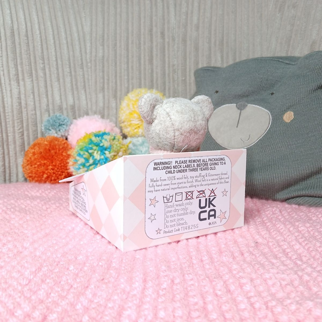 No name* traditional beige bear. Soft pink bow tie. Small size, handmade teddy bear. UKCA. Tray base. Standard Wool Felt. Beige. Cream. Blush. Pastel.