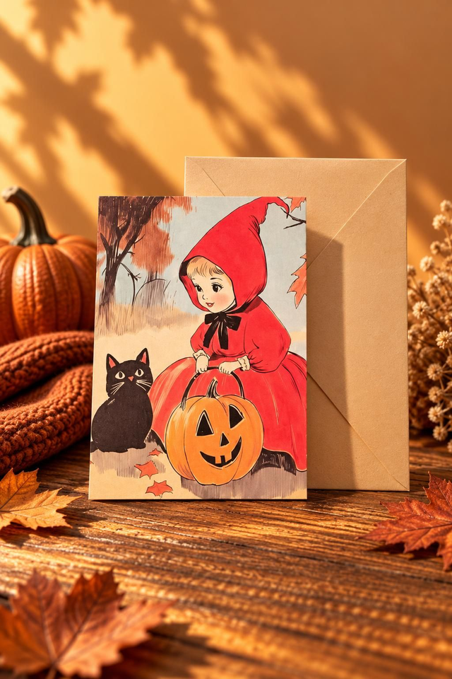 Little Red Witch – Nostalgisk Halloweenkort