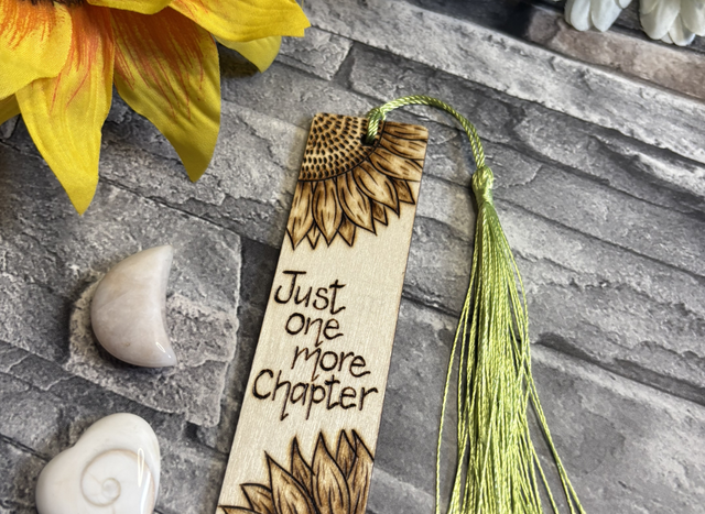 Just one more chapter with sunflower design bookmark. Handburnt. Pyrography art. 
