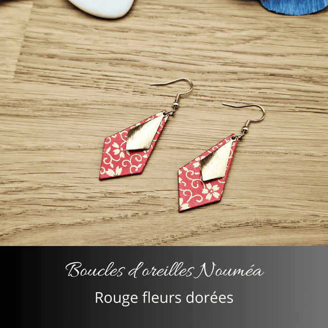Boucles d'oreilles Nouméa - Rouge fleurs dorées